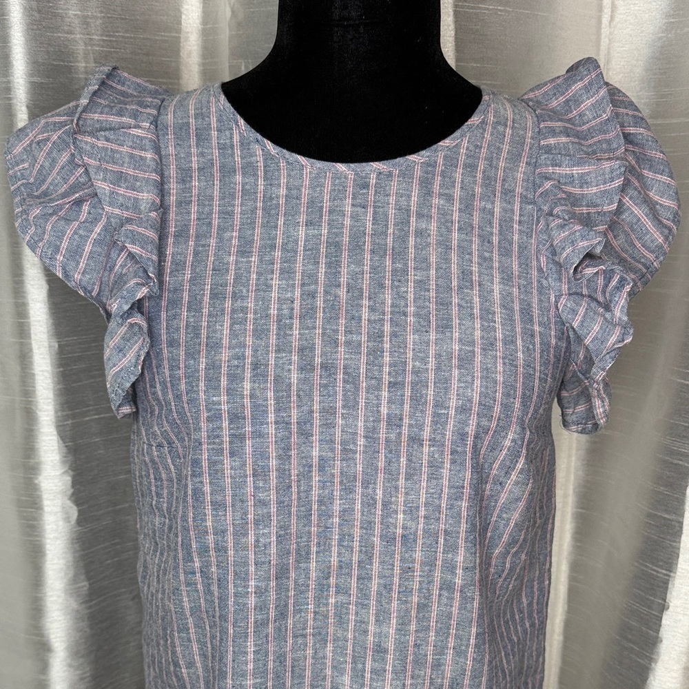 1. State Linen Blend Layer Ruffle Short Sleeve Striped Blue Red White Top XS